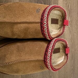 UGG Cozy Tazzman Suede Slipper Cuff in Chestnut with Red Trim